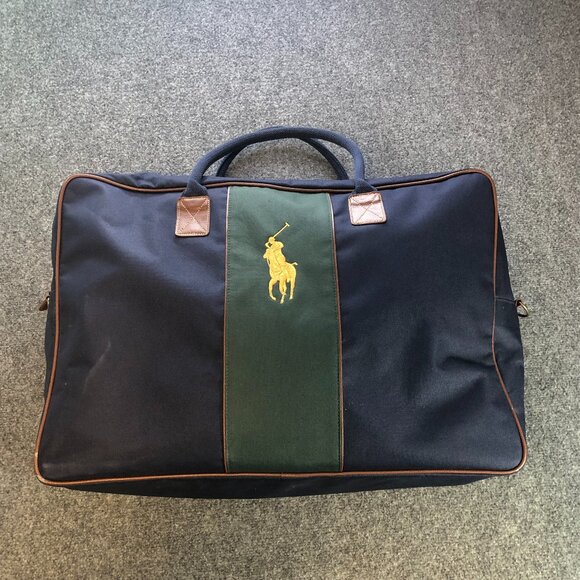 Polo Ralph Lauren Green Blue Duffle Travel Bag Canvas Day Weekend Big Pony - Picture 1 of 12